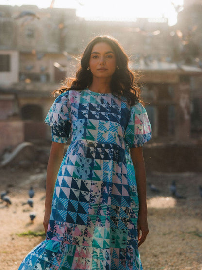 Robe Lara Bleu &amp; Vert Géo