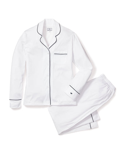 Ensemble pyjama Pima pour femme en blanc avec passepoil bleu marine