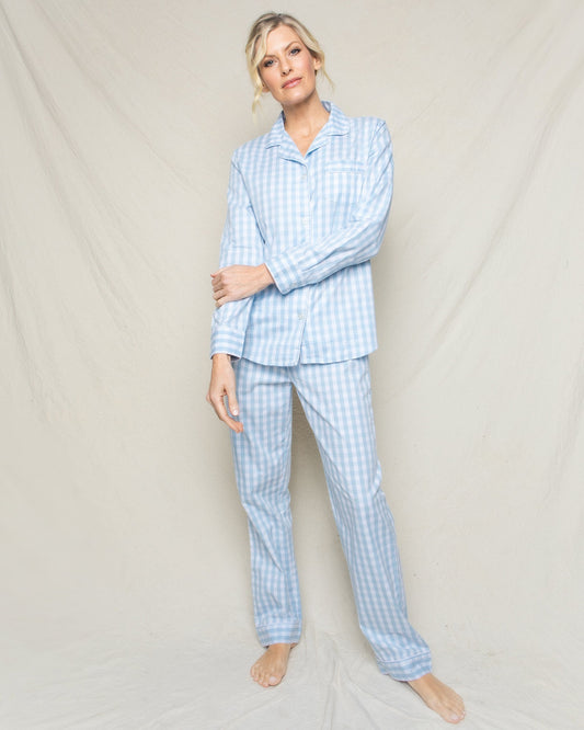 Ensemble de pyjama en sergé pour femme à carreaux vichy bleu clair