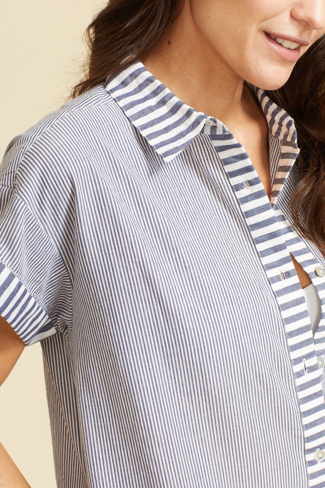 Robe mi-longue à manches courtes Riga - Rayures bleu marine