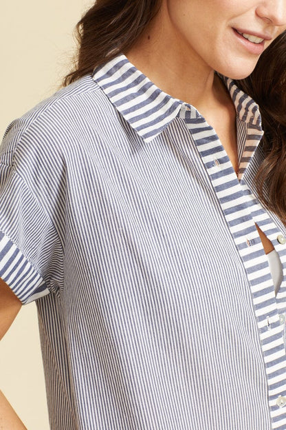 Robe mi-longue à manches courtes Riga - Rayures bleu marine