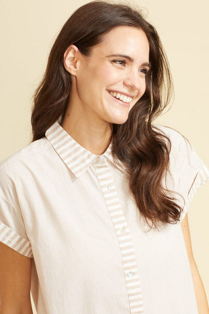 Robe courte à manches courtes Riga - Rayures beiges