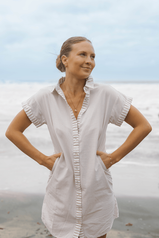 Robe courte à manches courtes Riga - Rayures beiges